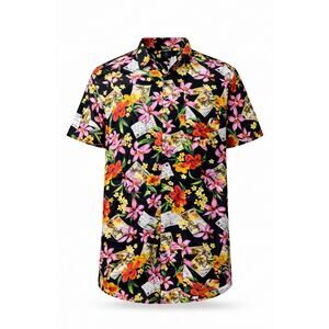 George Hawaiian Floral Postcard Shirt Mens 3XL Black Tropical 100 % Rayon